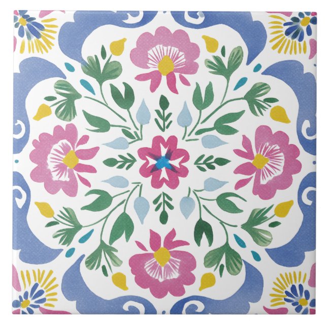 Folk Garden Watercolor Ceramic Tile (Front)