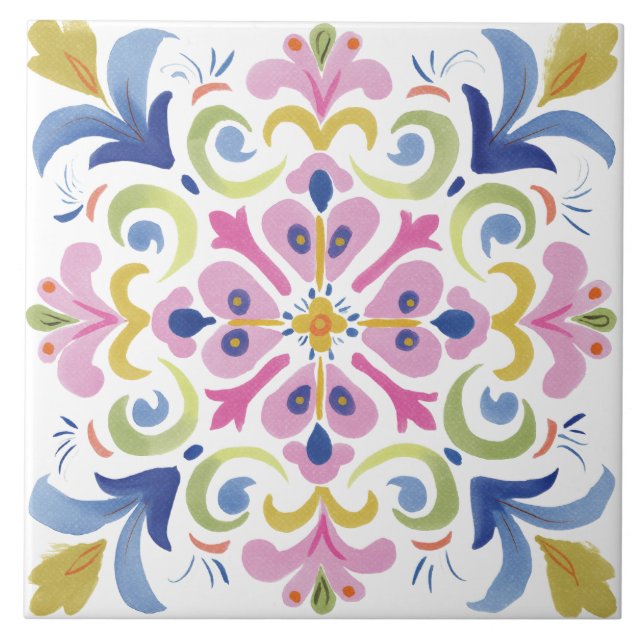 Folk Garden Watercolor Ceramic Tile (Front)
