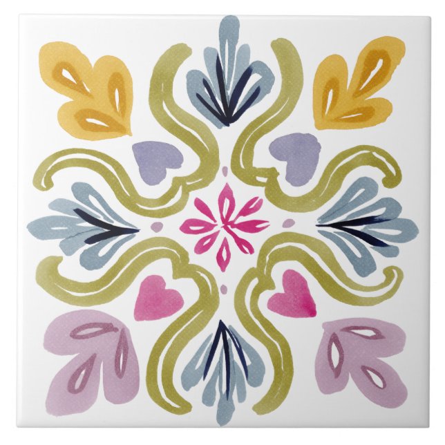 Folk Garden Watercolor Ceramic Tile (Front)