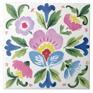 Folk Garden Watercolor Ceramic Tile
