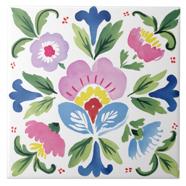 Folk Garden Watercolor Ceramic Tile (Front)