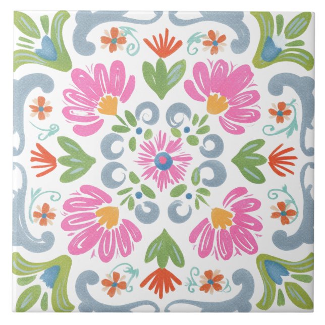 Folk Garden Watercolor Ceramic Tile (Front)