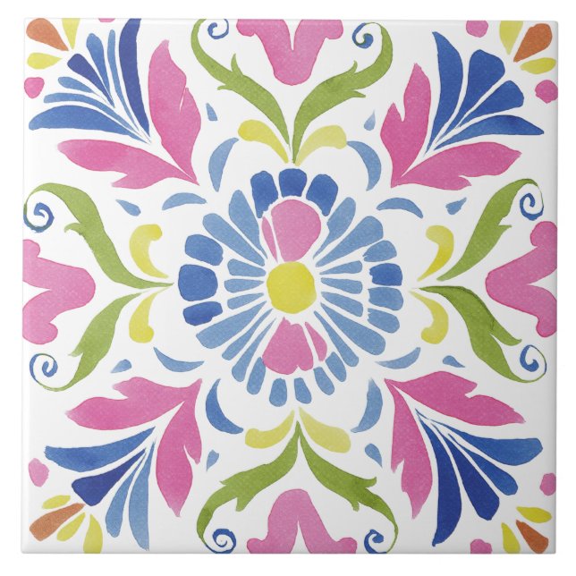 Folk Garden Watercolor Ceramic Tile (Front)