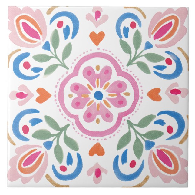 Folk Garden Watercolor Ceramic Tile (Front)
