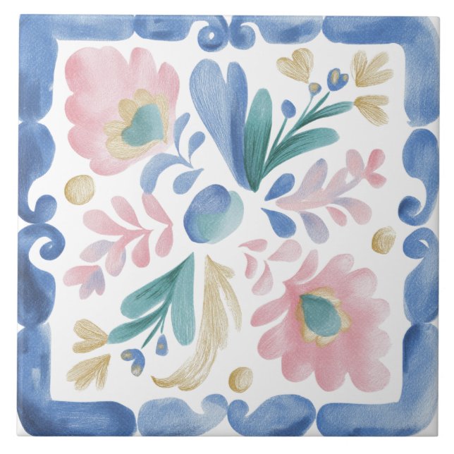 Folk Garden Watercolor Ceramic Tile (Front)