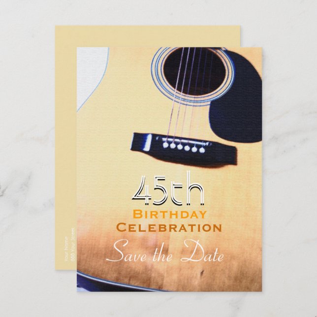 Folk Guitar 45th Birthday Save the Date Postcard (Front/Back)