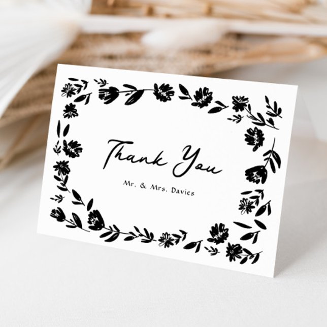 Folk Hand Drawn Whimsical Flower Border Wedding Thank You Card (Creator Uploaded)
