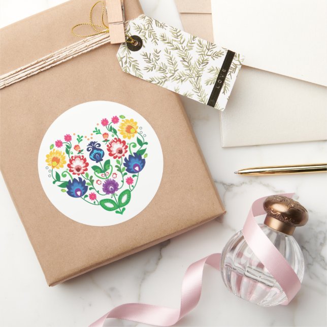 Folk heart round sticker (Gifting)