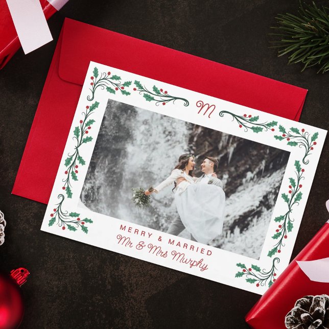 Folk Holly Frame Merry & Married Christmas Photo Holiday Card (Creator Uploaded)