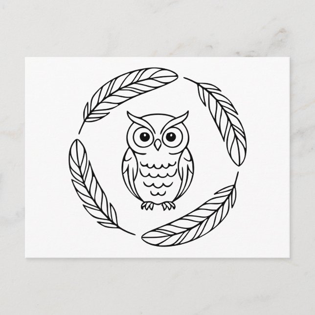 Folk Owl Line Art Surrounded by Feathers Postcard (Front)