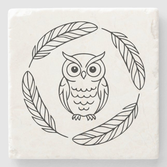 Folk Owl Line Art Surrounded by Feathers Stone Coaster (Front)