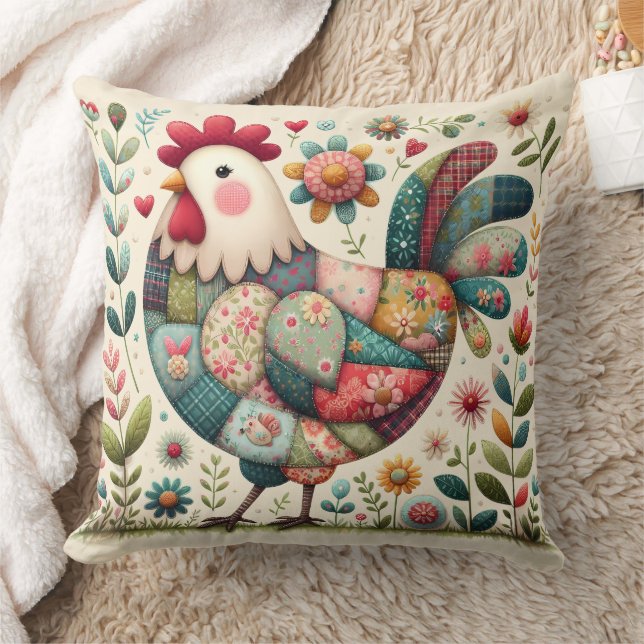 Folk Patchwork Rooster with Floral Accents Cushion (Blanket)