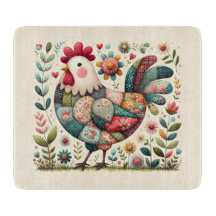 Folk Patchwork Rooster with Floral Accents Cutting Board