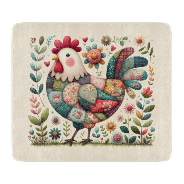 Folk Patchwork Rooster with Floral Accents Cutting Board (Front)