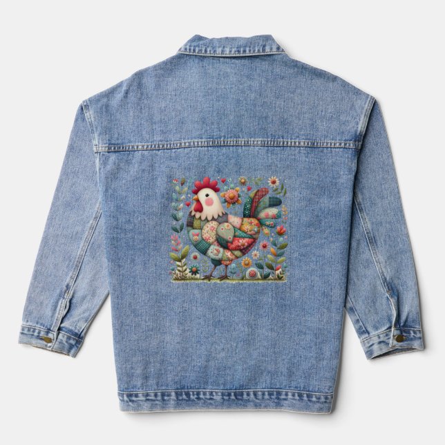 Folk Patchwork Rooster with Floral Accents Denim Jacket (Back)
