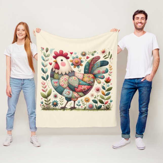 Folk Patchwork Rooster with Floral Accents Fleece Blanket (In Situ)