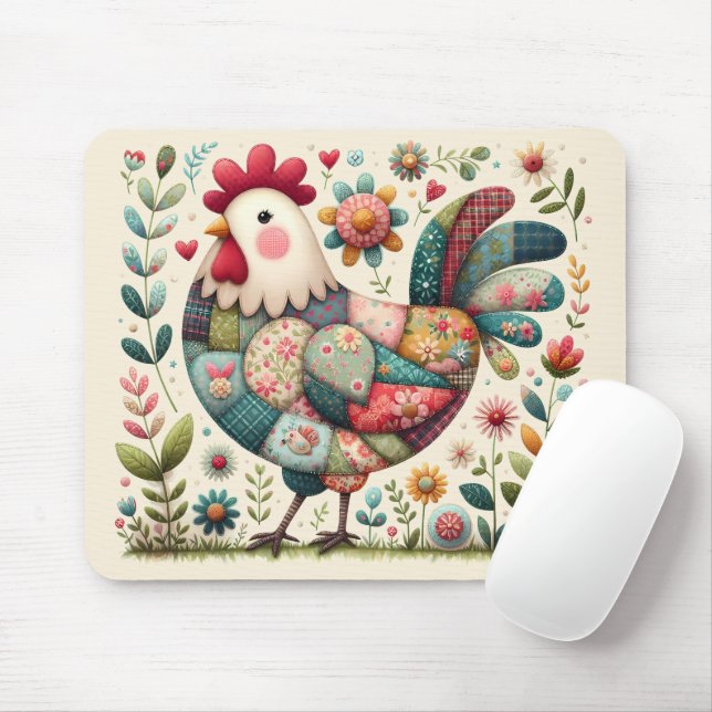 Folk Patchwork Rooster with Floral Accents Mouse Pad (With Mouse)