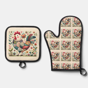 Folk Patchwork Rooster with Floral Accents Oven Mitt & Pot Holder Set