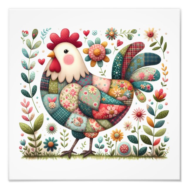 Folk Patchwork Rooster with Floral Accents Photo Print (Front)