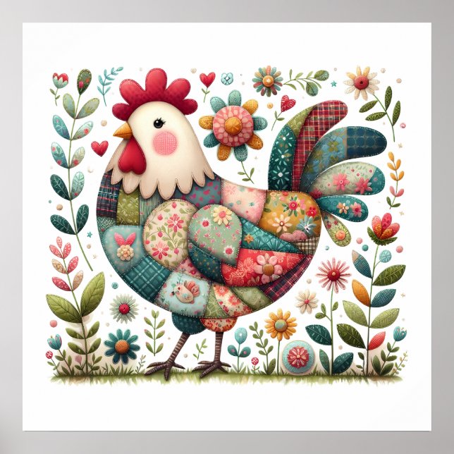 Folk Patchwork Rooster with Floral Accents Poster (Front)
