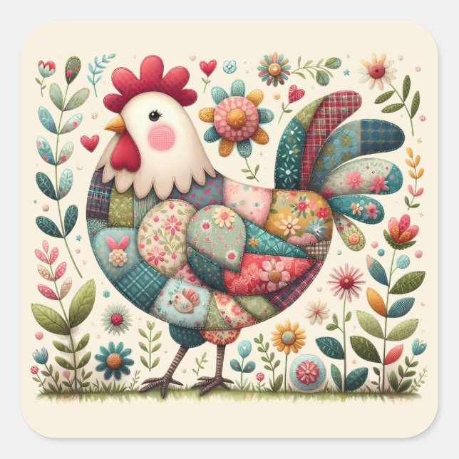 Folk Patchwork Rooster with Floral Accents Square Sticker (Front)