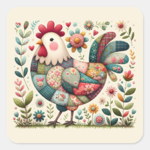 Folk Patchwork Rooster with Floral Accents Square Sticker