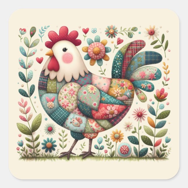 Folk Patchwork Rooster with Floral Accents Square Sticker (Front)
