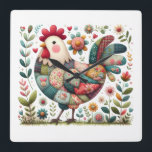 Folk Patchwork Rooster with Floral Accents Square Wall Clock<br><div class="desc">This delightful folk art rooster brings together the warmth of vintage quilting with the charm of country living. Crafted in a playful patchwork style, each feather is adorned with floral motifs, checkered textures, and retro-inspired patterns that evoke a cozy, handmade feel. Surrounded by blooming flowers and leafy sprigs, this whimsical...</div>