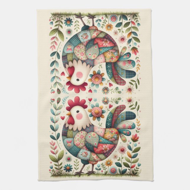 Folk Patchwork Rooster with Floral Accents Tea Towel (Vertical)