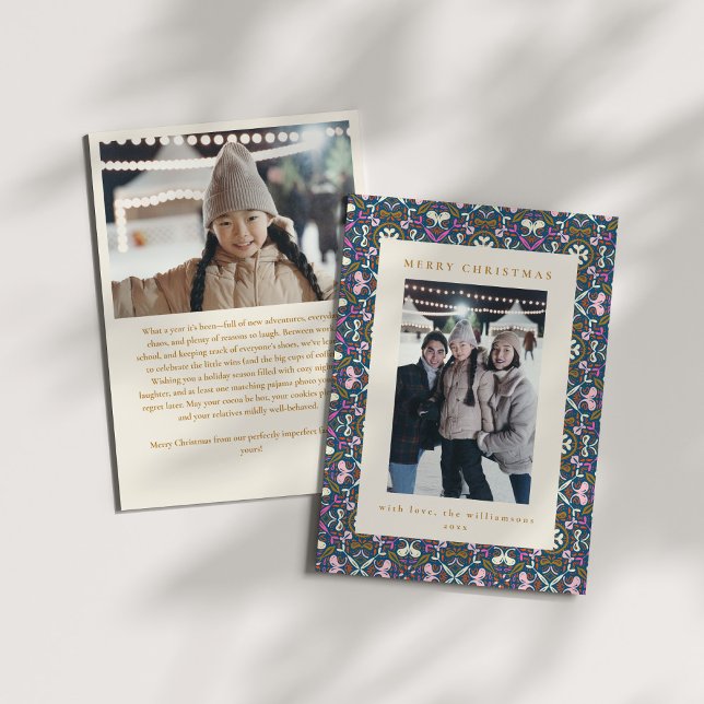 Folk Pattern Border Colourful Christmas Photo Blue Holiday Card (Creator Uploaded)