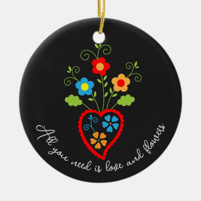 Folk portuguese blooming heart ceramic ornament (Front)