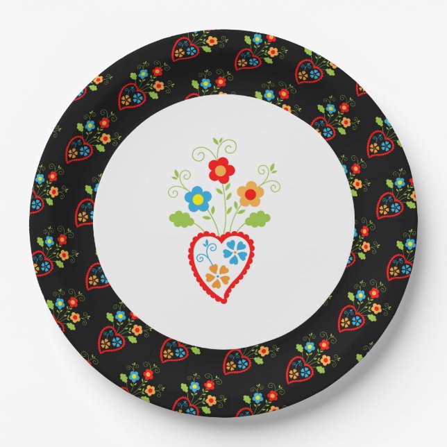 Folk portuguese blooming heart paper plate (Front)