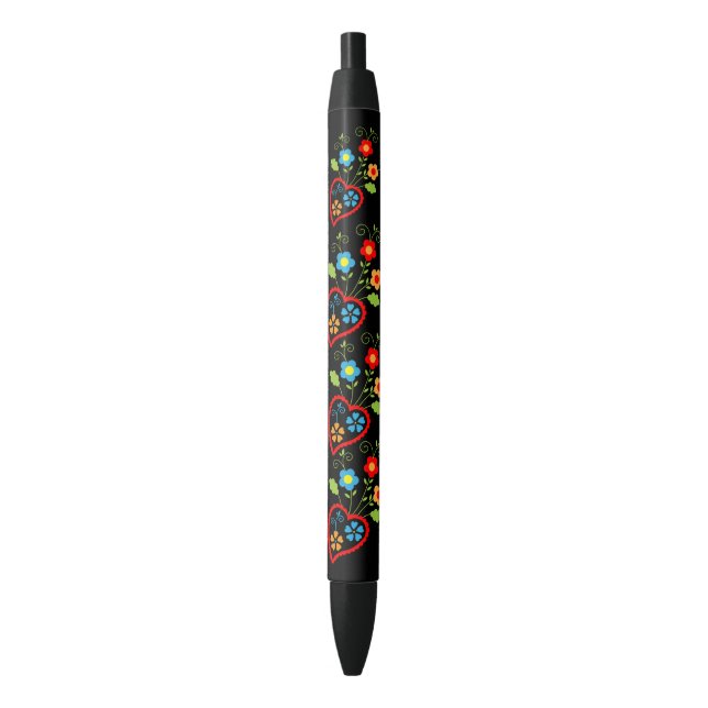 Folk portuguese blooming heart pattern black ink pen (Front Vertical)