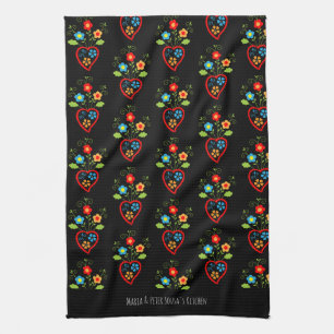 Folk portuguese blooming heart pattern tea towel
