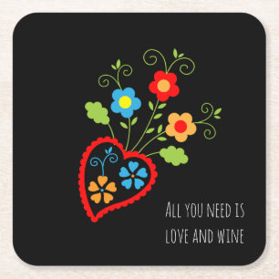 Folk portuguese blooming heart square paper coaster