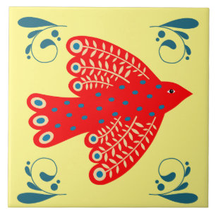 folk red bird on the yellow background Left Ceramic Tile
