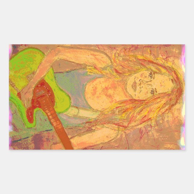 folk rock girl screenprint look rectangular sticker (Front)