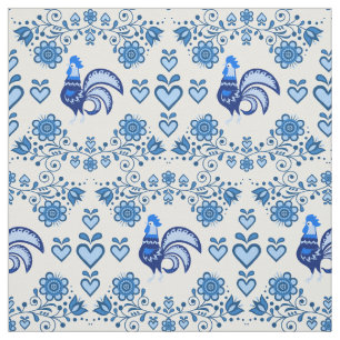 Folk Rooster/Cockerel blue/blue floral ,hearts/4" Fabric