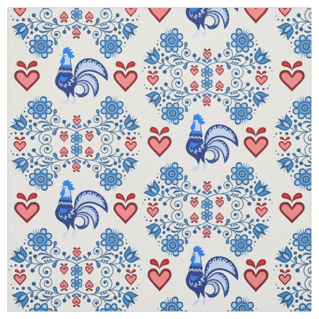 Folk Rooster/Cockerel /blue/red floral, hearts 4" Fabric (Swatch)