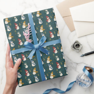Folk Snowmen and Evergreen Trees Teal Gift Wrap