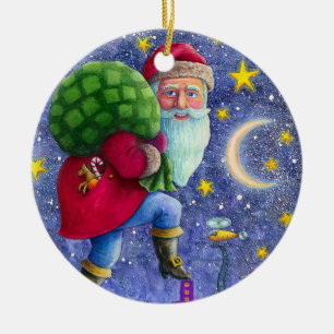 FOLK ST. NICK TIPTOES ON ROOFTOPS WITH BAG OF TOYS CERAMIC ORNAMENT