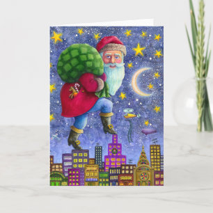 FOLK ST. NICK TIPTOES ON ROOFTOPS WITH BAG OF TOYS HOLIDAY CARD