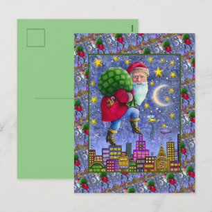 FOLK ST. NICK TIPTOES ON ROOFTOPS WITH BAG OF TOYS HOLIDAY POSTCARD