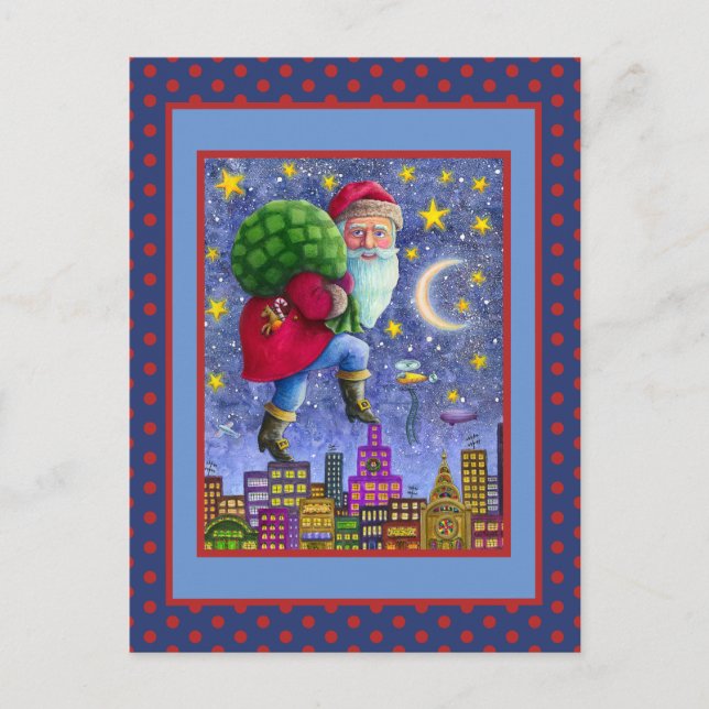 FOLK ST. NICK TIPTOES ON ROOFTOPS WITH BAG OF TOYS HOLIDAY POSTCARD (Front)