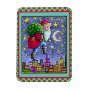 FOLK ST. NICK TIPTOES ON ROOFTOPS WITH BAG OF TOYS MAGNET