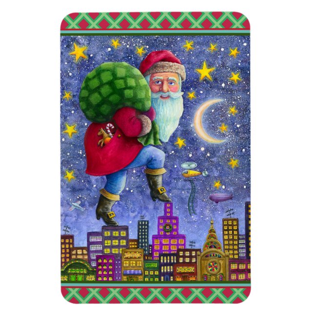 FOLK ST. NICK TIPTOES ON ROOFTOPS WITH BAG OF TOYS MAGNET (Vertical)