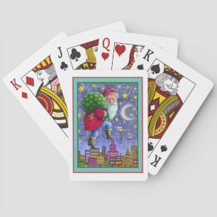 FOLK ST. NICK TIPTOES ON ROOFTOPS WITH BAG OF TOYS PLAYING CARDS