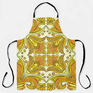 Folk style floral design in yellow apron