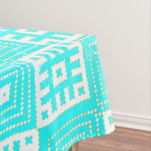 Folk Stylised Print Turquoise White Tablecloth