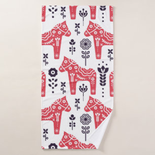 Folk swedish horse floral seamless pattern.  bath towel